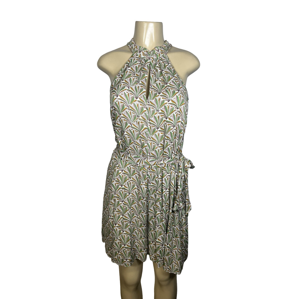 Anthropologie Maddie Romper Womens Medium Green Palm Fern Halter Tie Waist